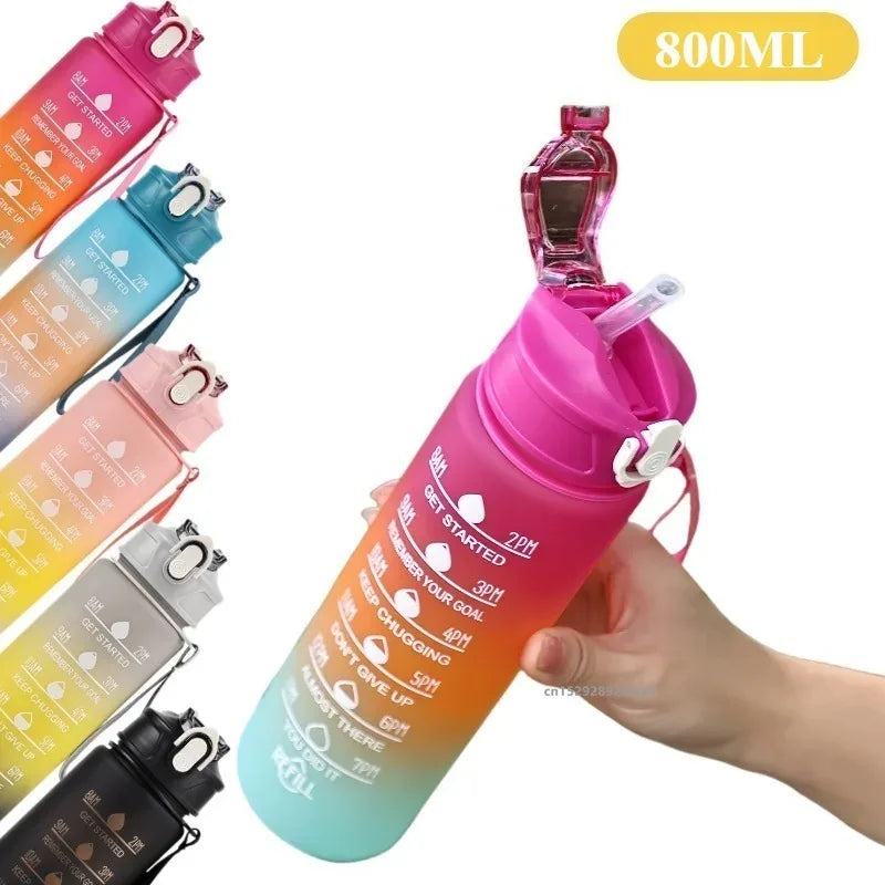 1pc Gradient Sports Water Bottle with Straw & Time Marker for Outdoor Fitness Hiking & Gym Leakproof Travel Water Bottle